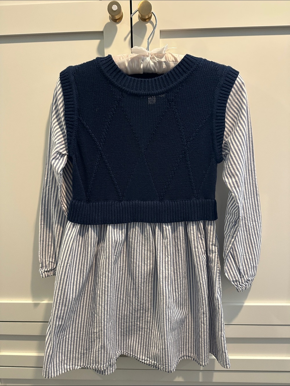 Girls Navy Knit Vest Over Blue-White Stripe Dress